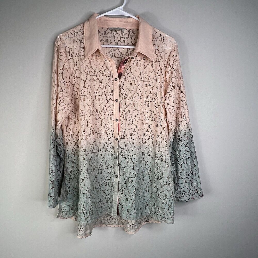 Soft Surroundings Aurelie Ombre Lace Button Up Long Sleeve Tunic Top PM